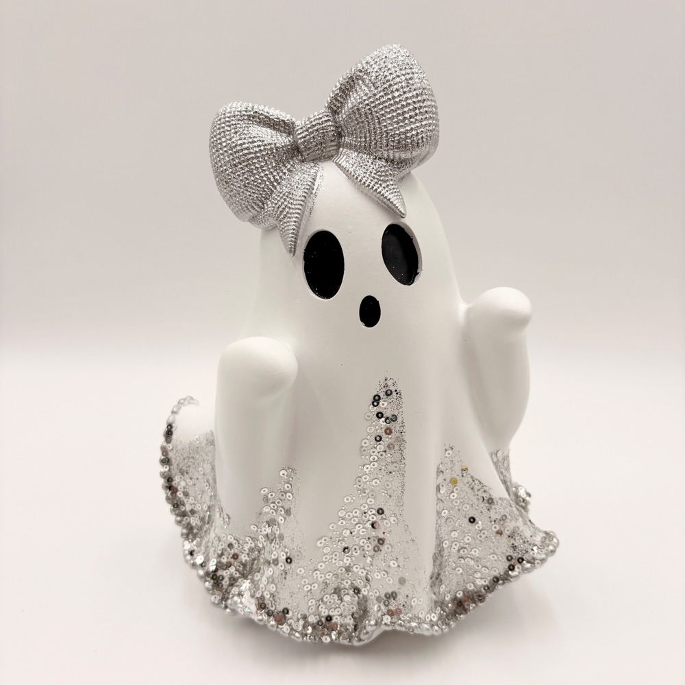 Bella Lux Halloween Ghost Figurine Silver Sequin Rhinestone Bow White
